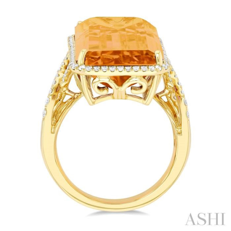 26x12 MM Emerald Cut Citrine and 1/2 Ctw Round Cut Diamond Halo Semi-Precious Ring in 14K Yellow Gold