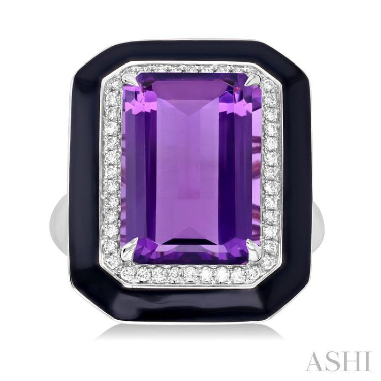 14x10 MM Emerald Cut Amethyst and 1/5 Ctw Round Cut Diamond Halo & Black Enamel Border Semi-Precious Ring in 14K White Gold