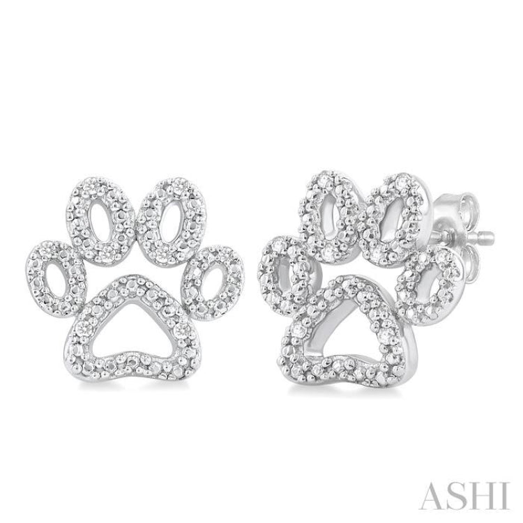 1/20 Ctw Dog Paw Round Cut Diamond Fashion Stud Earring in Sterling Silver