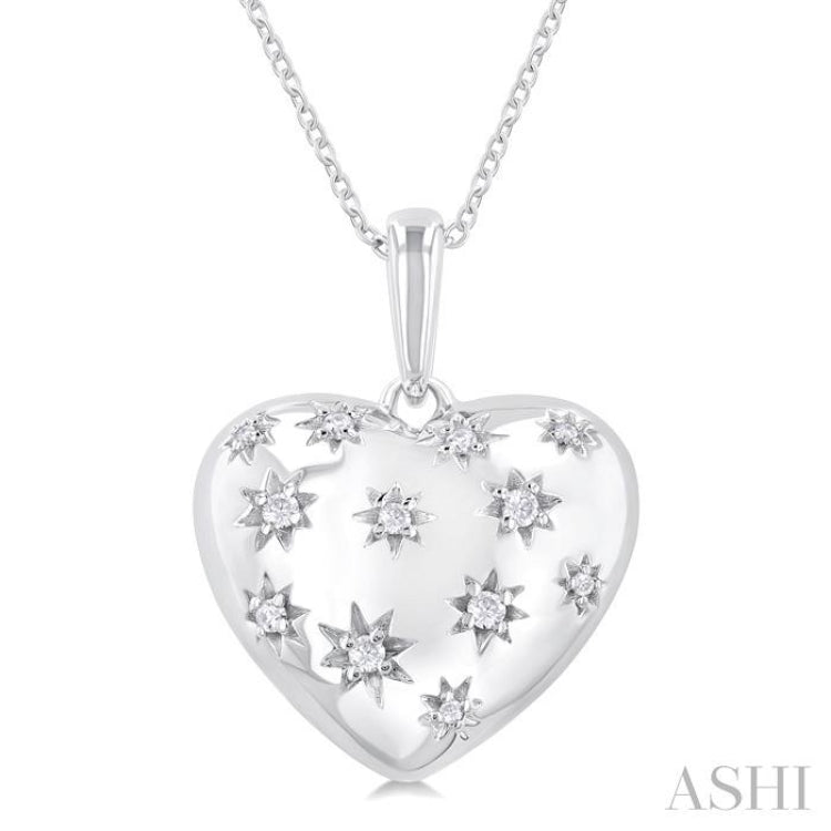 1/10 Ctw Bold Star Engraved Puffed Heart Round Cut Diamond Pendant With Chain in Sterling Silver