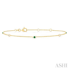1.75 MM Emerald and 1/20 Ctw Round Cut Diamond Precious Station Bracelet in 14K Yellow Gold