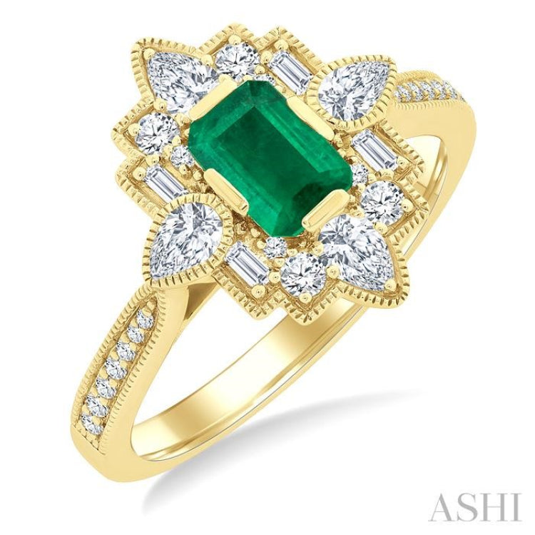 6X4 MM Octagon Cut Emerald and 5/8 Ctw Art Deco Mixed Diamond Cut Precious Fashion Ring in 14K Yellow Gold