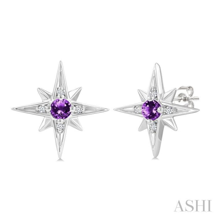 3 MM Round Cut Amethyst and 1/20 Ctw Round Cut Diamond Semi-Precious Fashion Earrings in Sterling Silver