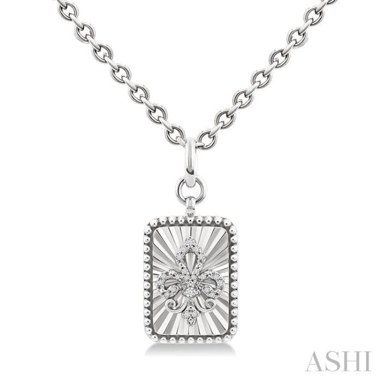 1/10 Ctw Rectangle fluted medallion Round Cut Diamond Pirouette Fleur-De-Lis Pendant With Chain in Sterling Silver