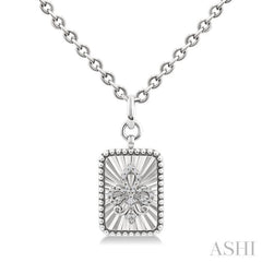 1/10 Ctw Rectangle fluted medallion Round Cut Diamond Pirouette Fleur-De-Lis Pendant With Chain in Sterling Silver
