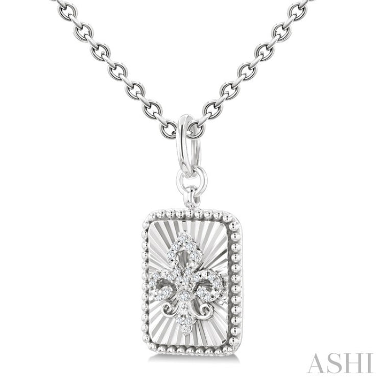1/10 Ctw Rectangle fluted medallion Round Cut Diamond Pirouette Fleur-De-Lis Pendant With Chain in Sterling Silver