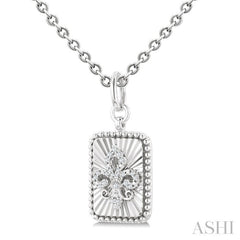 1/10 Ctw Rectangle fluted medallion Round Cut Diamond Pirouette Fleur-De-Lis Pendant With Chain in Sterling Silver