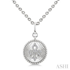 1/10 Ctw Round fluted medallion Single Cut Diamond Fleur-De-Lis Pendant With Chain in Sterling Silver
