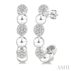 1/10 Ctw Bold Bead Design Single Cut Diamond Fashion Half Hoop Earrings in Sterling Silver