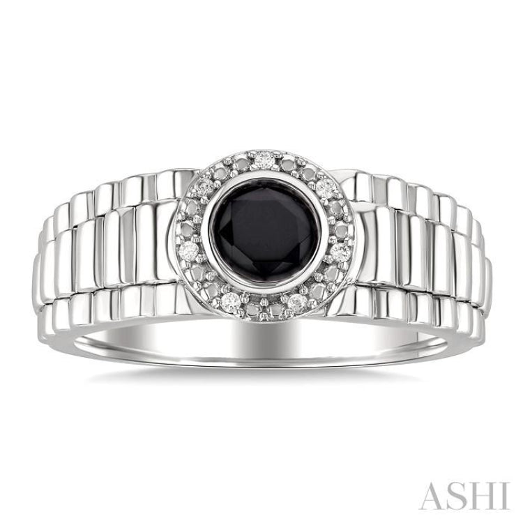 6 MM Round Shape Onyx and 1/20 Ctw Single Cut Diamond Semi-precious Men's Ring in Sterling Silver