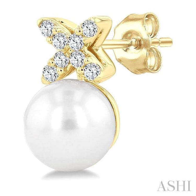 6 MM Cultured Pearl and 1/10 Ctw Round Cut Diamond Floral Fashion Earrings in 14K Yellow Gold