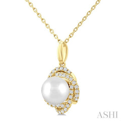 6 MM Cultured Pearl and 1/6 Ctw Round Cut Diamond Petite Fashion Pendant With Chain in 10K Yellow Gold