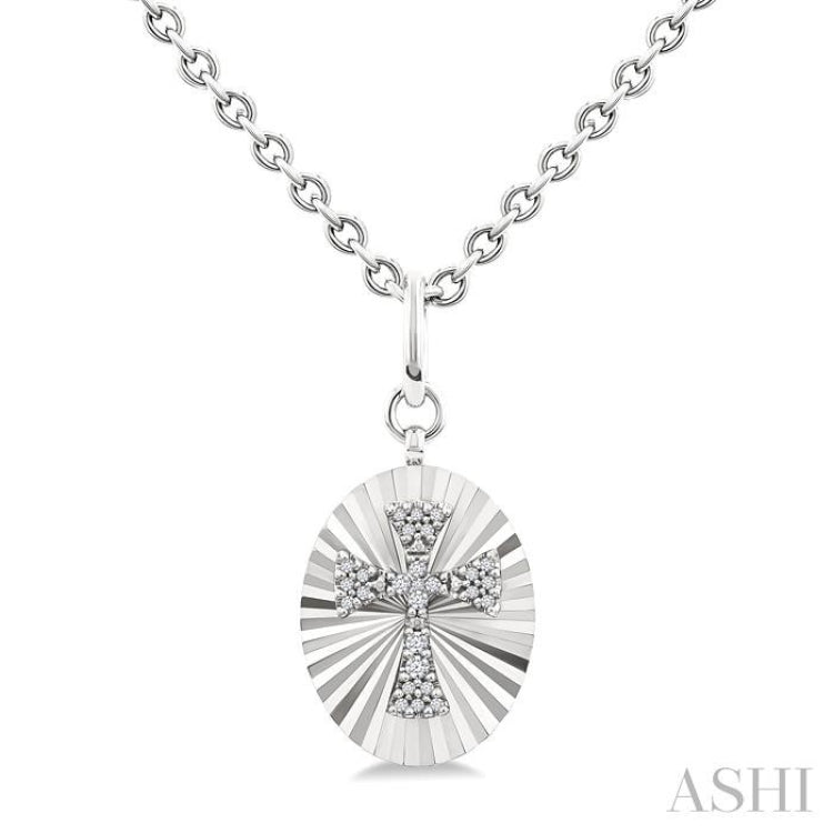 1/10 Ctw Oval Fluted Medallion Single Cut Diamond Cross Pendant With Chain in Sterling Silver