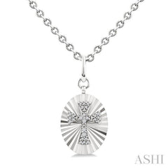1/10 Ctw Oval Fluted Medallion Single Cut Diamond Cross Pendant With Chain in Sterling Silver
