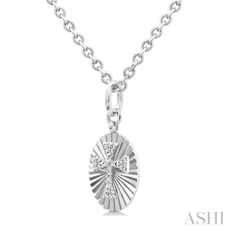 1/10 Ctw Oval Fluted Medallion Round Cut Diamond Pirouette Cross Pendant With Chain in Sterling Silver