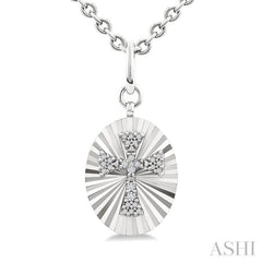 1/10 Ctw Oval Fluted Medallion Round Cut Diamond Cross Pendant With Chain in Sterling Silver