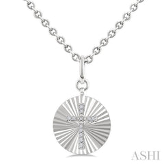 1/10 Ctw Round Fluted Medallion Single Cut Diamond Cross Pendant With Chain in Sterling Silver