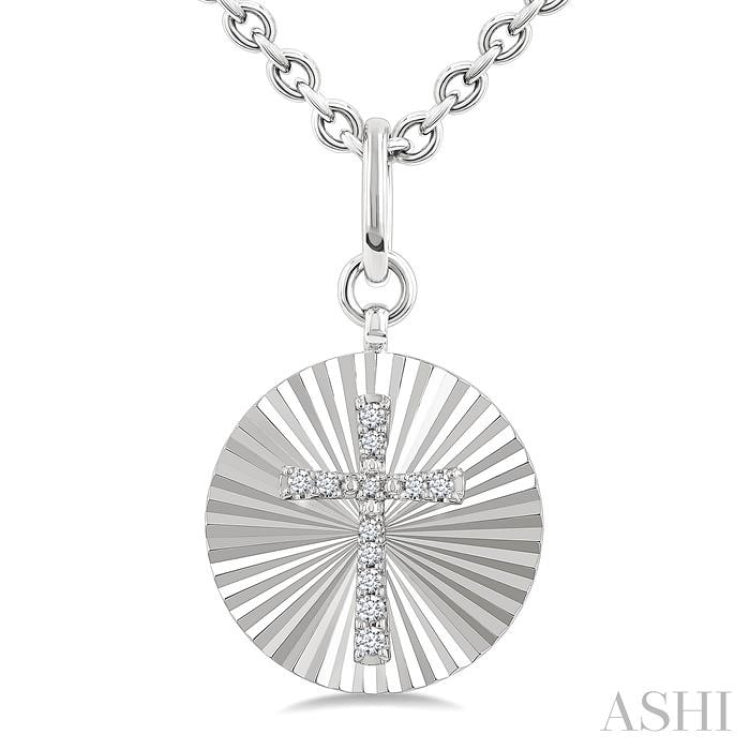 1/10 Ctw Round Fluted Medallion Single Cut Diamond Cross Pendant With Chain in Sterling Silver