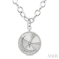 1/20 Ctw Circle Fluted Medallion Round Cut Diamond Pirouette Moon & Star Fashion Pendant With Chain in Sterling Silver
