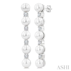 4MM Cultured Pearl and 1/4 Ctw Round Cut Diamond Fashion Earrings in 14K White Gold