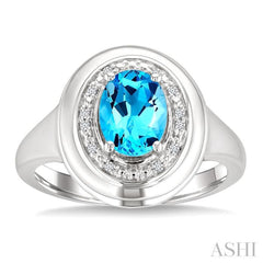8x6 MM Oval Shape Blue Topaz and 1/20 Ctw Single Cut Diamond Semi-precious Ring in Sterling Silver