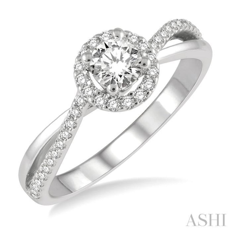 1/2 Ctw Criss-Cross Shank Round Cut Diamond Ladies Engagement Ring with 1/4 Ct Round Cut Center Stone in 14K White Gold