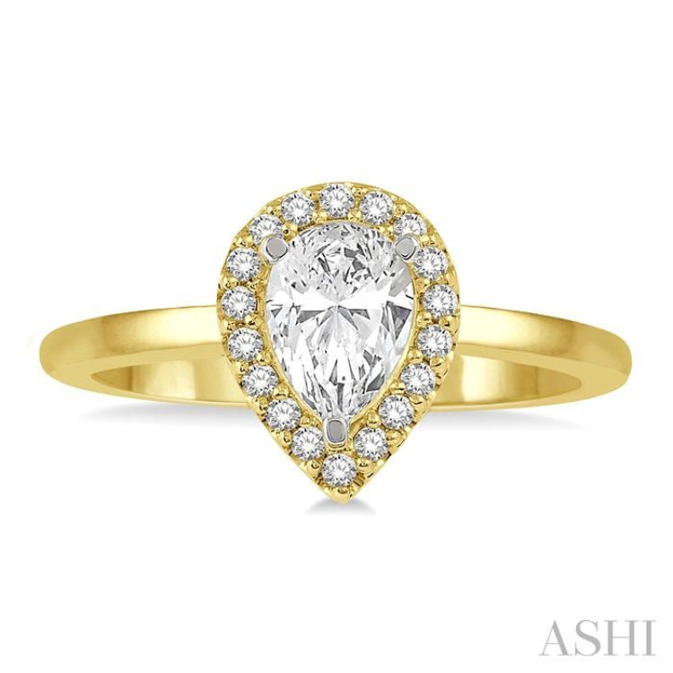 1/3 ctw Round Cut Diamond Halo Engagement Ring With 1/4 ct Pear Cut Center Stone in 14K Yellow and White Gold