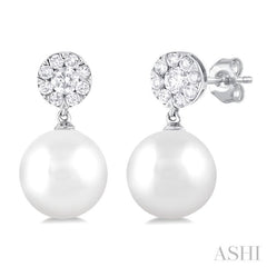 7 MM Cultured White Pearl and 1/4 Ctw Disc Top Lovebright Round Cut Diamond Fashion Earrings in 10K White Gold