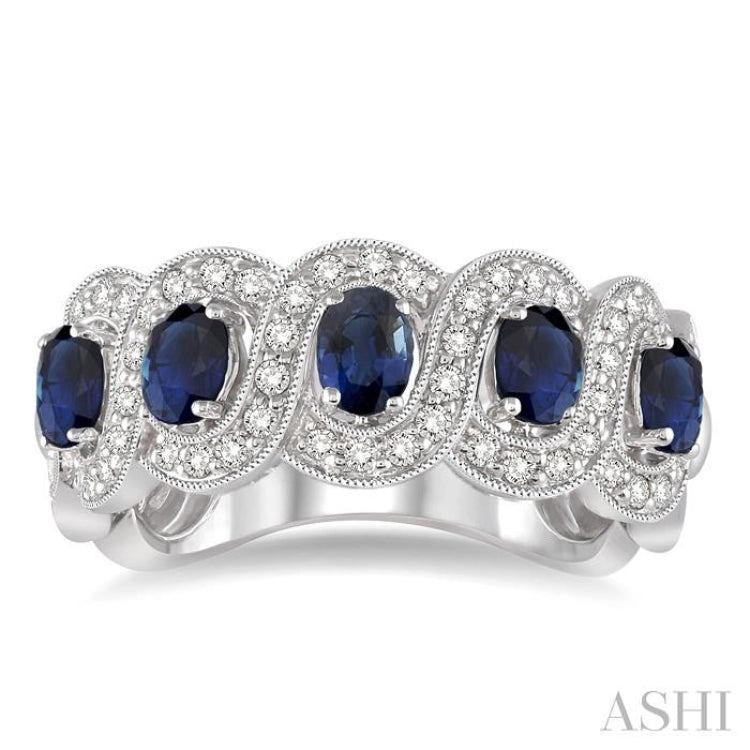 4x3 MM Oval Cut Sapphire and 1/2 Ctw Round Cut Diamond Precious Band in 14K White Gold