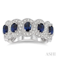 4x3 MM Oval Cut Sapphire and 1/2 Ctw Round Cut Diamond Precious Band in 14K White Gold