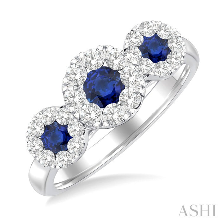 3.8 MM & 3 MM Sapphire and 5/8 Ctw Round Cut Diamond Precious Lovebright Past Present and Future Ring in 14K White Gold