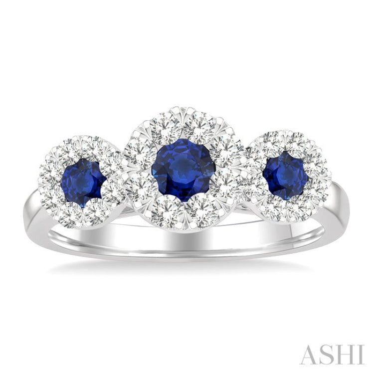 3.8 MM & 3 MM Sapphire and 5/8 Ctw Round Cut Diamond Precious Lovebright Past Present and Future Ring in 14K White Gold