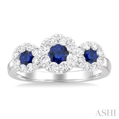 3.8 MM & 3 MM Sapphire and 5/8 Ctw Round Cut Diamond Precious Lovebright Past, Present and Future Ring in 14K White Gold