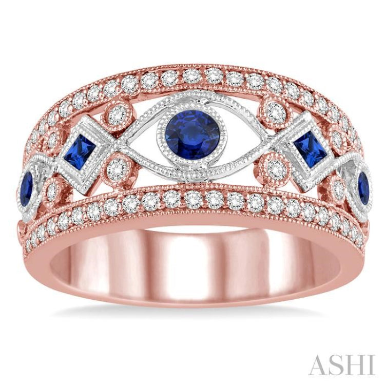 1/3 Ctw Round Cut Diamond and Princess & Round Cut Sapphire Precious Band in 14K Rose and White Gold