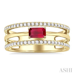 5x3 MM East-West Set Ruby and 1/4 Ctw Single Cut Diamond Precious Layered Fashion Ring in 10K Yellow Gold