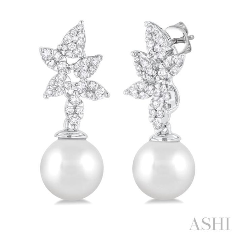 8 MM Cultured Pearl and 3/8 Ctw Round Cut Diamond Lovebright Fashion Earrings in 14K White Gold