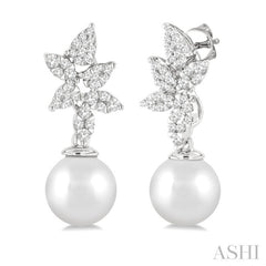 8 MM Cultured Pearl and 3/8 Ctw Round Cut Diamond Lovebright Fashion Earrings in 14K White Gold