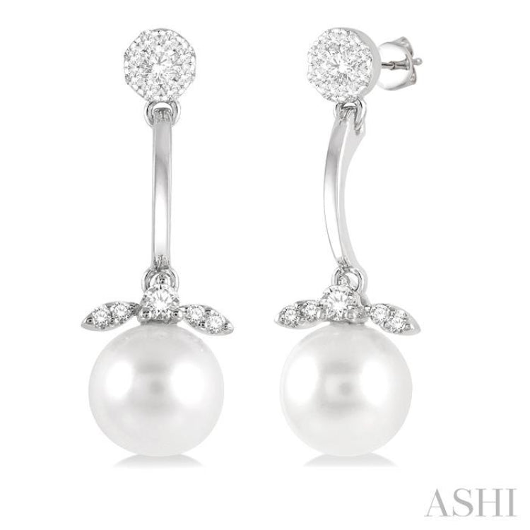 7 MM Cultured White Pearl and 1/4 Ctw Lovebright Round Cut Diamond Fashion Earrings in 14K White Gold