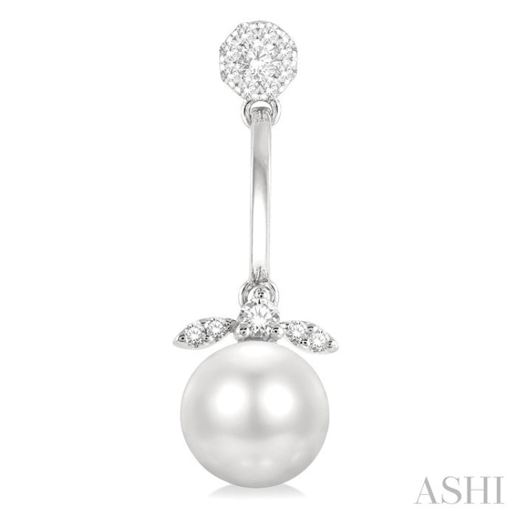 7 MM Cultured White Pearl and 1/4 Ctw Lovebright Round Cut Diamond Fashion Earrings in 14K White Gold