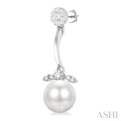 7 MM Cultured White Pearl and 1/4 Ctw Lovebright Round Cut Diamond Fashion Earrings in 14K White Gold