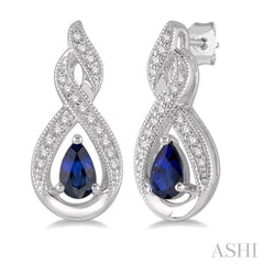 5x3 MM Pear Shape Sapphire and 1/8 Ctw Entwined Round Cut Diamond Precious Earring in 10K White Gold
