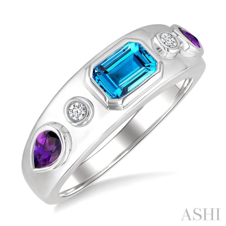 6x4 MM Octagon Shape Blue Topaz & 5x3 MM Pear Shape Amethyst and 1/20 Ctw Round Cut Diamond Semi-Precious Ring in Sterling Silver