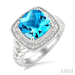 10 MM Cushion Shape Blue Topaz and 1/20 Ctw Single Cut Diamond Semi-precious Ring in Sterling Silver