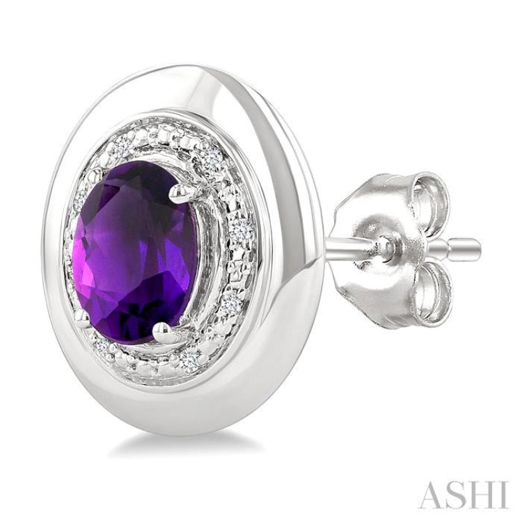 7X5 MM Oval Shape Amethyst and 1/20 Ctw Round Cut Diamond Semi-Precious Earrings in Sterling Silver