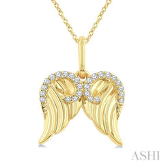 1/10 Ctw Fluted Texture Angel Wing Round Cut Diamond Pirouette Fashion Pendant With Chain in 10K Yellow Gold