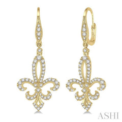 3/4 Ctw Fleur De Lis Round Cut Diamond Hanging Earrings in 14K Yellow Gold