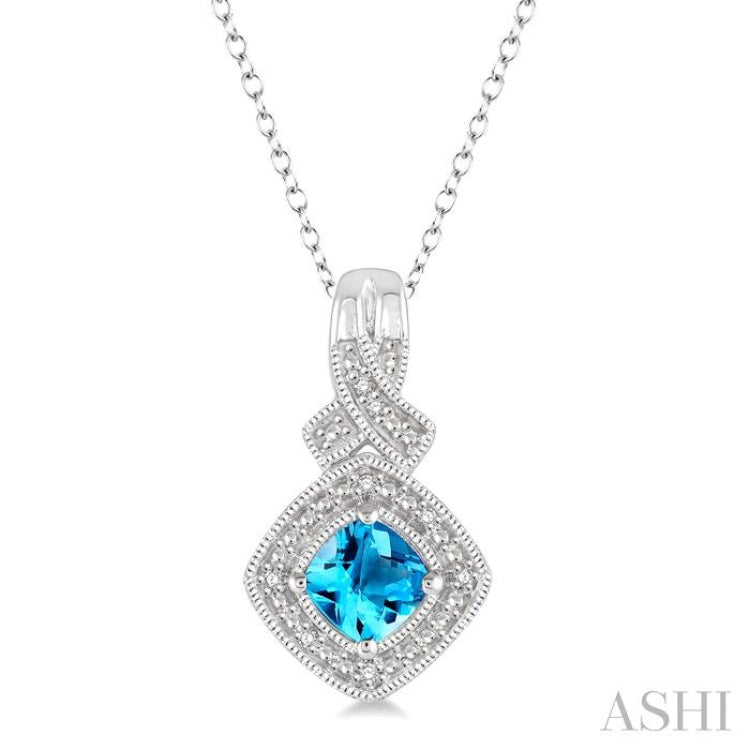 5x5 MM Cushion Shape Blue Topaz and 1/50 Ctw Round Cut Diamond Sterling Silver Pendant With Cable Chain