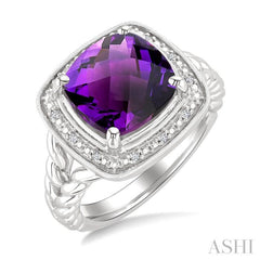 10 MM Cushion Shape Amethyst and 1/20 Ctw Single Cut Diamond Semi-precious Ring in Sterling Silver