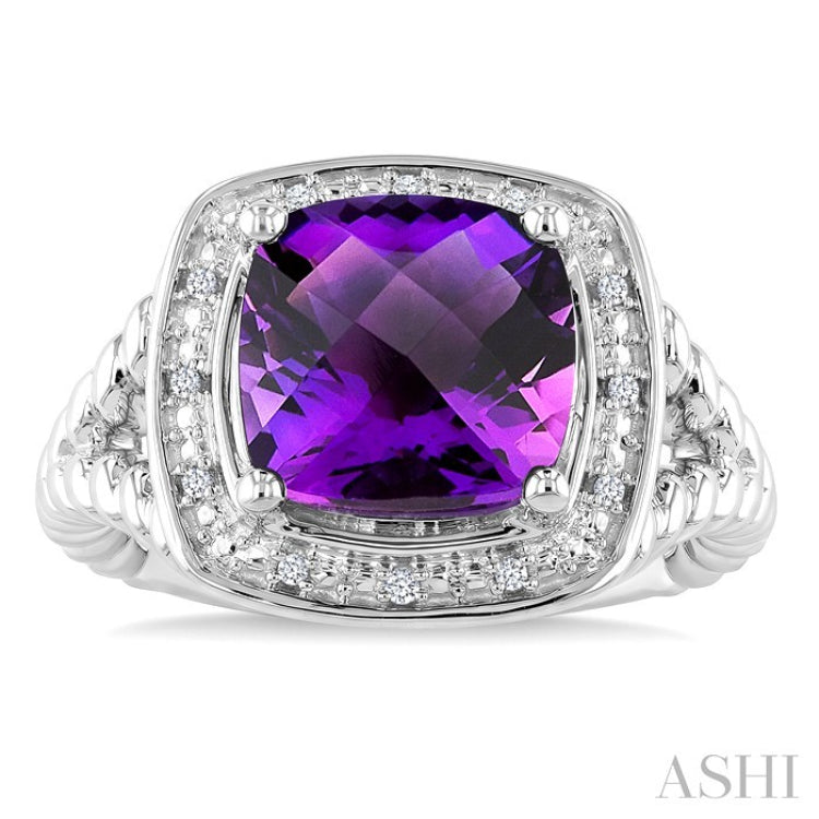 10 MM Cushion Shape Amethyst and 1/20 Ctw Round Cut Diamond Semi-precious Ring in Sterling Silver