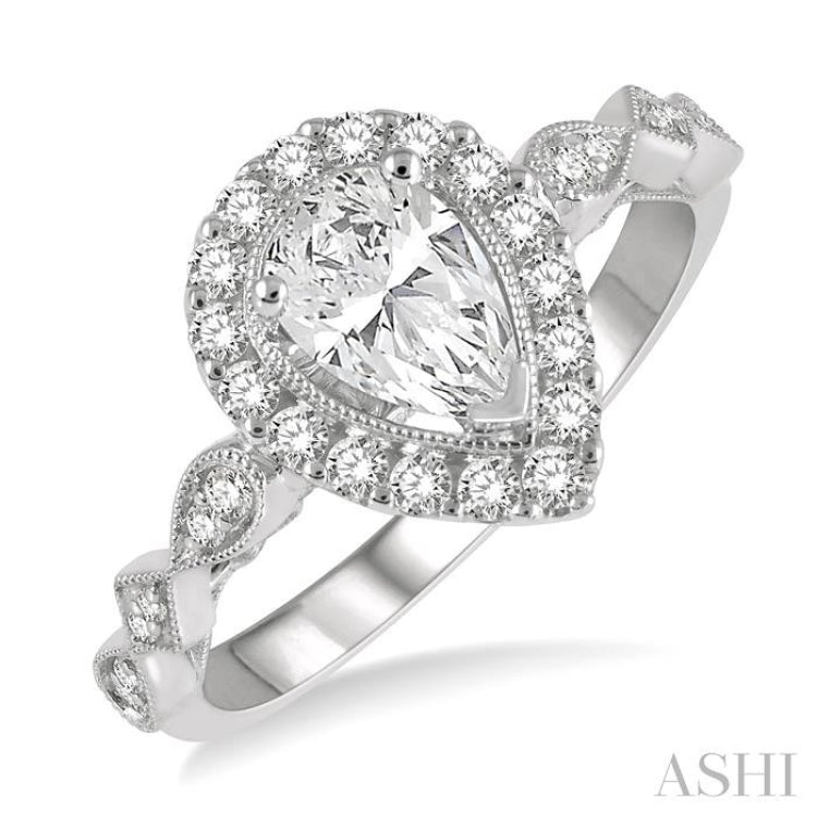 3/4 Ctw Carved Shank Round Cut Diamond Engagement Ring With 3/8 Ct Pear Cut Center Stone in 14K White Gold